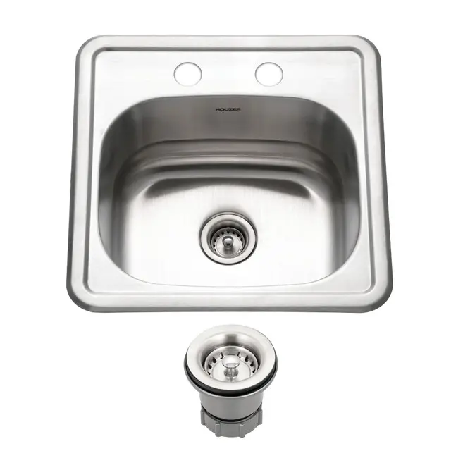 Houzer Hospitality Series 15" Stainless Steel Drop-in Topmount 2-hole Single Bowl Bar/Prep Sink, includes Basket Strainer
