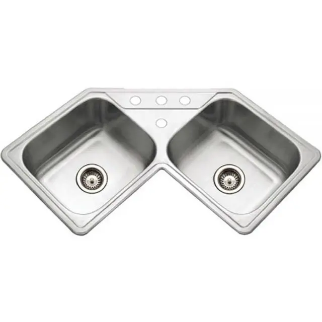 Houzer LCR-3221-C Legend 32 in. Stainless Steel Topmount 4-Hole 50/50 Double Bowl Corner Sink with Strainer & Grid