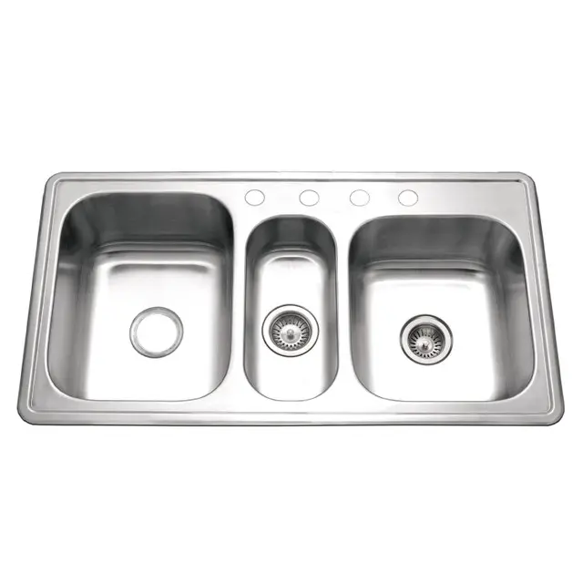 Houzer - PGT-4322-C - Premier Series 41" Stainless Steel Drop-in Topmount Triple Bowl 4-hole Kitchen Sink