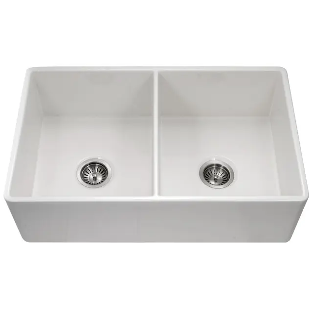 Houzer Platus Series 33" Fireclay Dual Mount Undermount/Apron-Front Farmhouse 50/50 Double Bowl