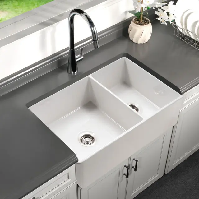 Houzer Platus Series 33" Fireclay Dual Mount Undermount/Apron-Front Farmhouse 60/40 Double Bowl