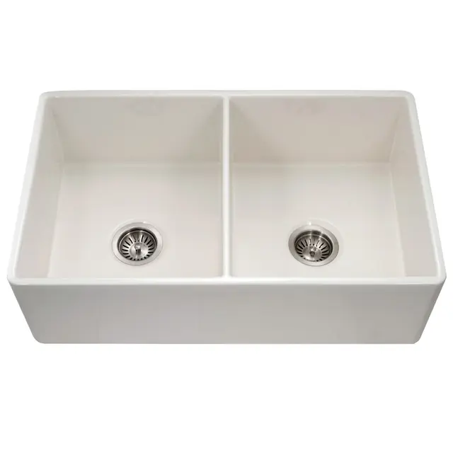 Houzer Platus Series 33" Fireclay Dual Mount Undermount/Apron-Front Farmhouse Double Bowl Kitchen